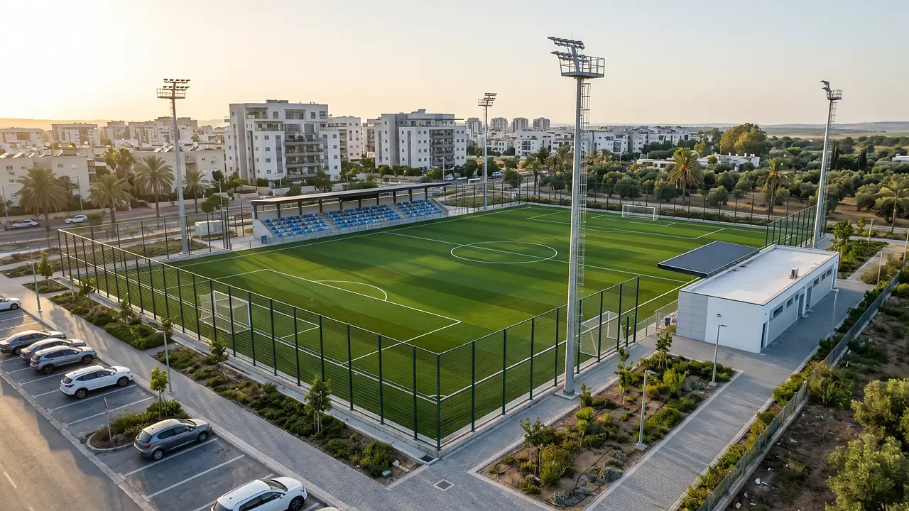 Illustration: a football pitch with artificial turf, lighting, a fence and a stand