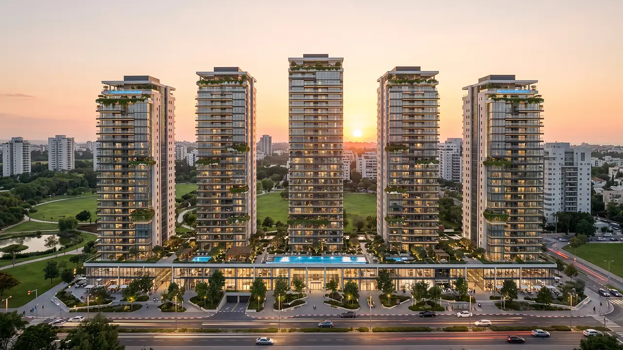 Illustration: five residential towers on retail floors, luxury specification, with a long pool on the retail roof