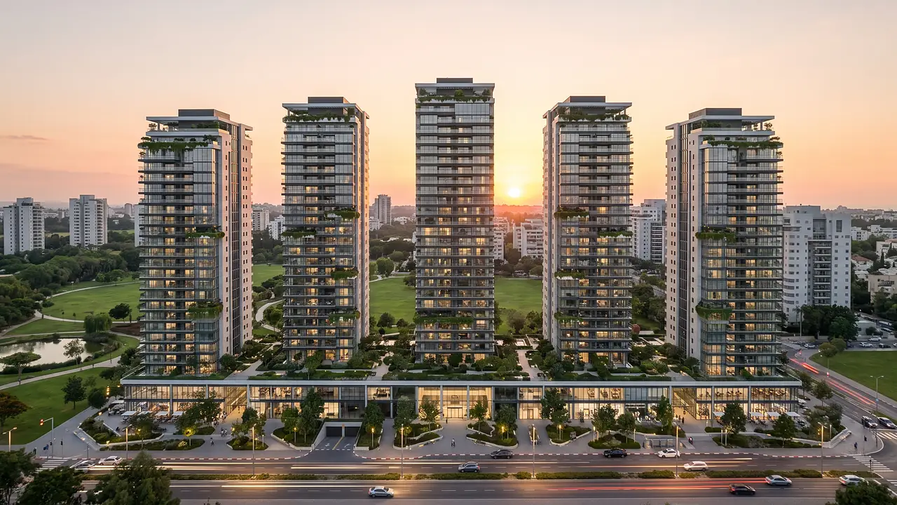 Illustration: five residential towers on retail floors, facing a park at sunset