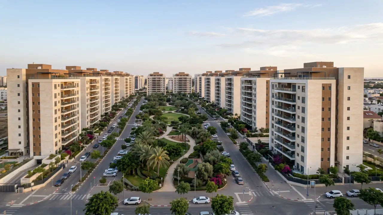 הדמיה: שכונה של בניינים זהים בחיפוי אבן