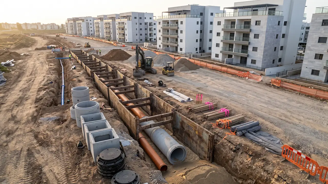 הדמיה: הנחת צינורות ביוב וניקוז ושוחות בתעלה עם דיפון