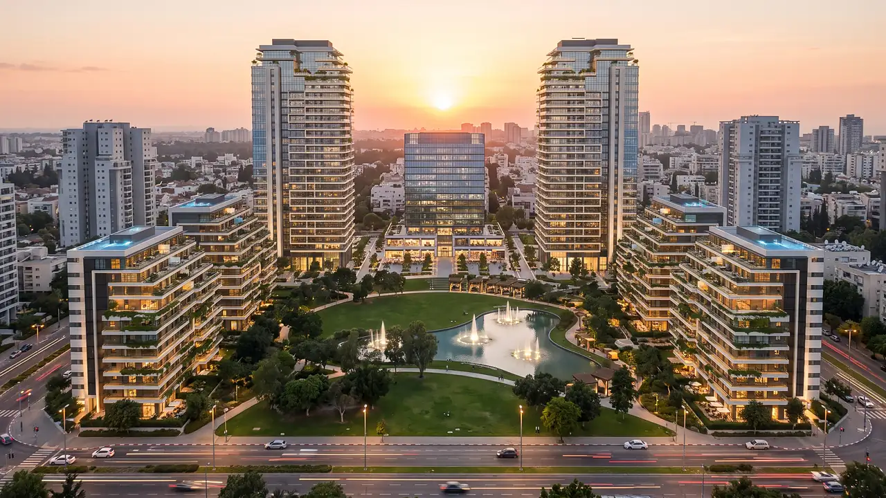 Illustration: mixed use, luxury specification, towers, offices and homes around a park with a fountain