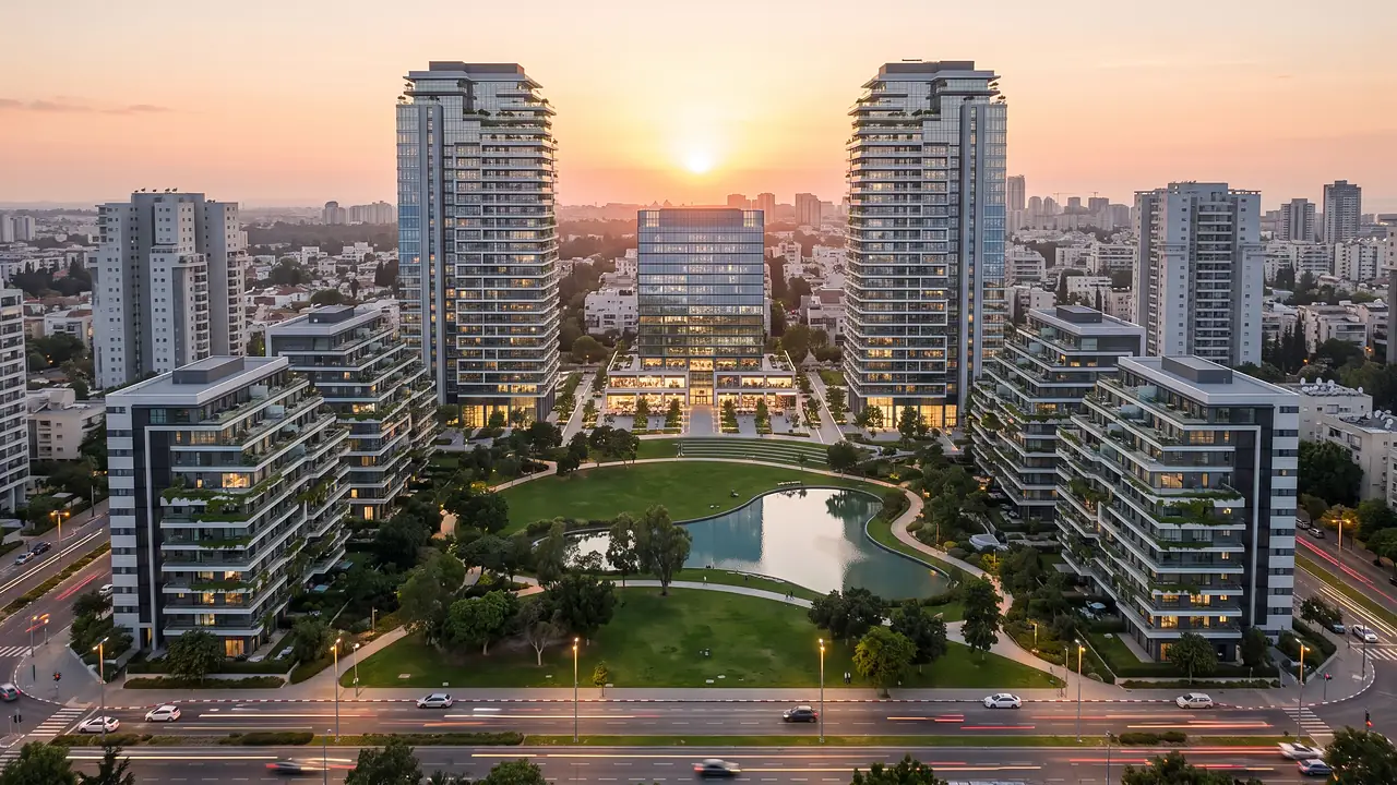 Illustration: mixed use, two residential towers, an office building and low residential blocks around a park