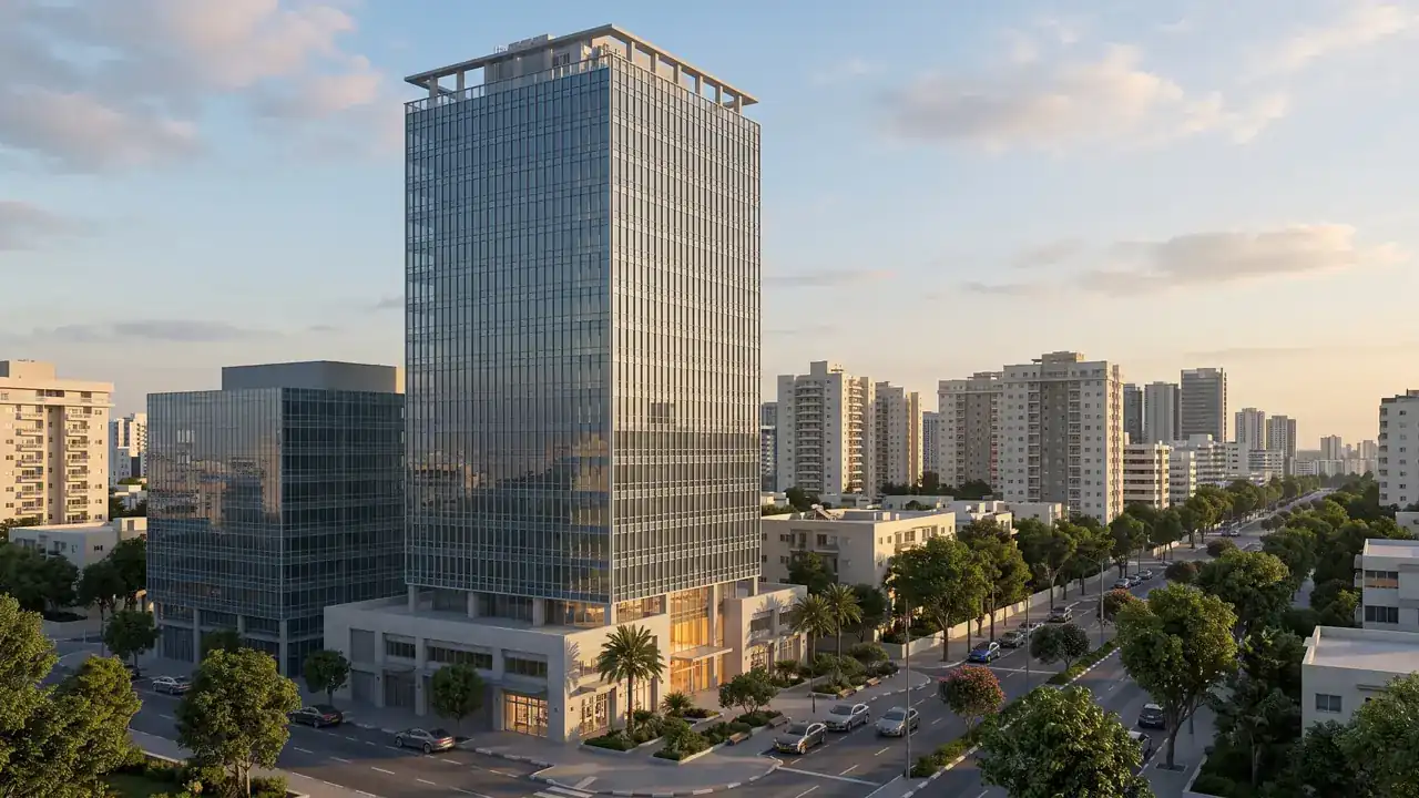 הדמיה: מגדל משרדים מזכוכית מעל קומות מסחר בחיפוי אבן