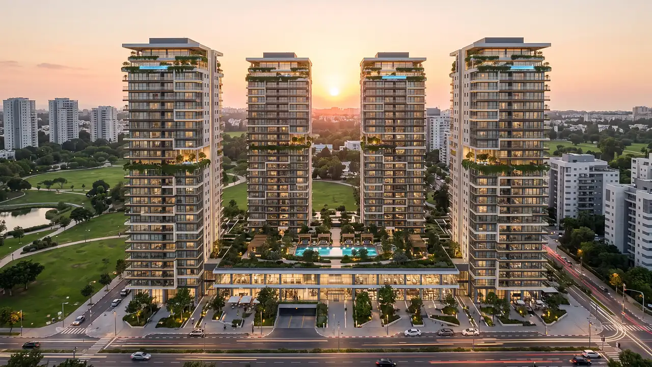 Illustration: four residential towers on retail floors, luxury specification, with a pool on the retail roof