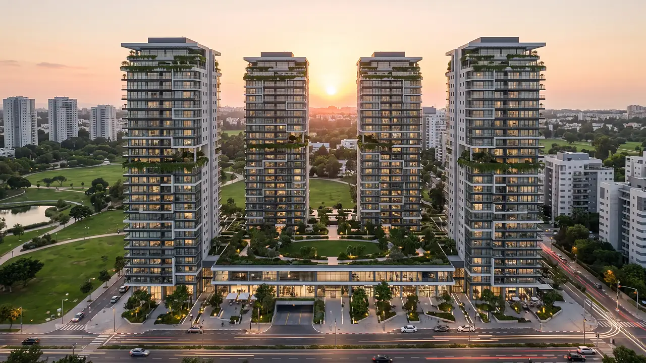 Illustration: four residential towers on retail floors, with a garden on the retail roof
