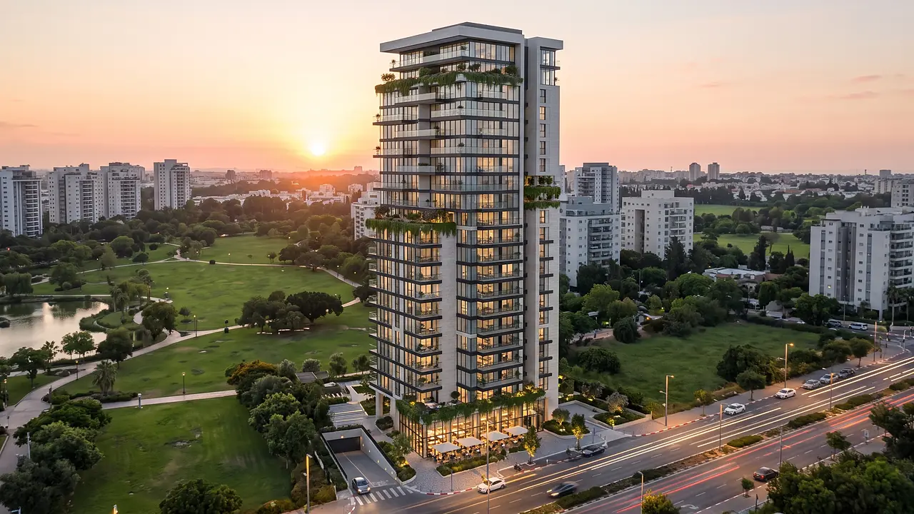 Illustration: a residential tower of about 24 floors facing a park with a lake, at sunset