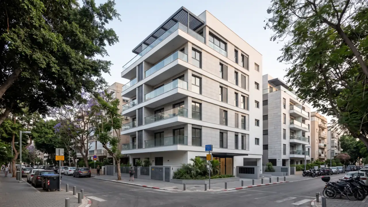הדמיה: בניין מגורים חדש בתמ״א 38/2 ברחוב עירוני, עם מרפסות ומעקות זכוכית